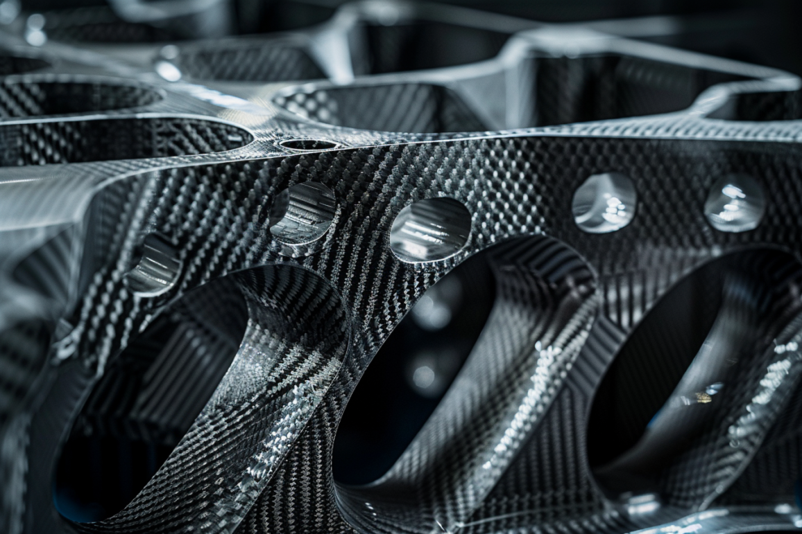 Close-up of a Carbon Fiber Reinforced Polymer (CFRP) component, showcasing lightweight and durable material design
