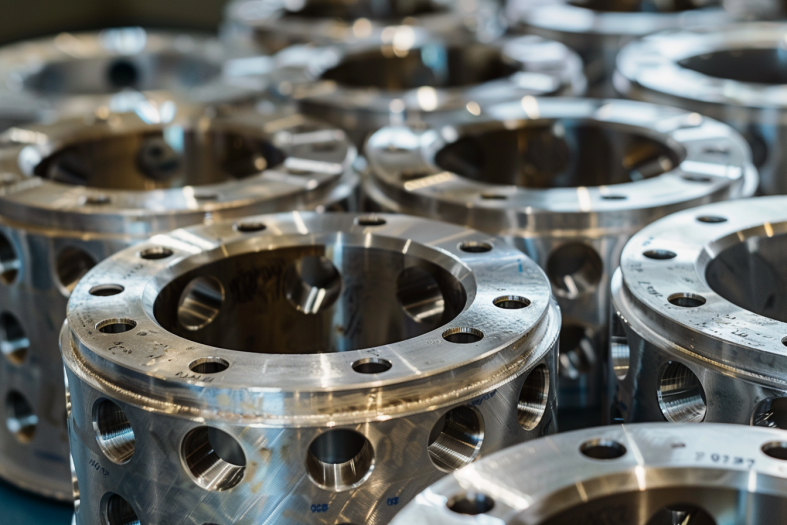 Close-up view of CNC machined metal flanges, showcasing precision drilling and manufacturing details