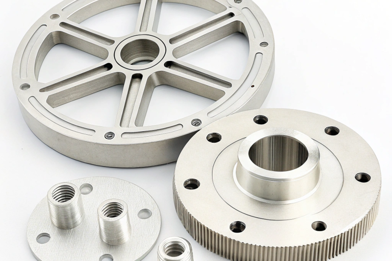 Water jet-cut parts, highlighting precision-cut metal components