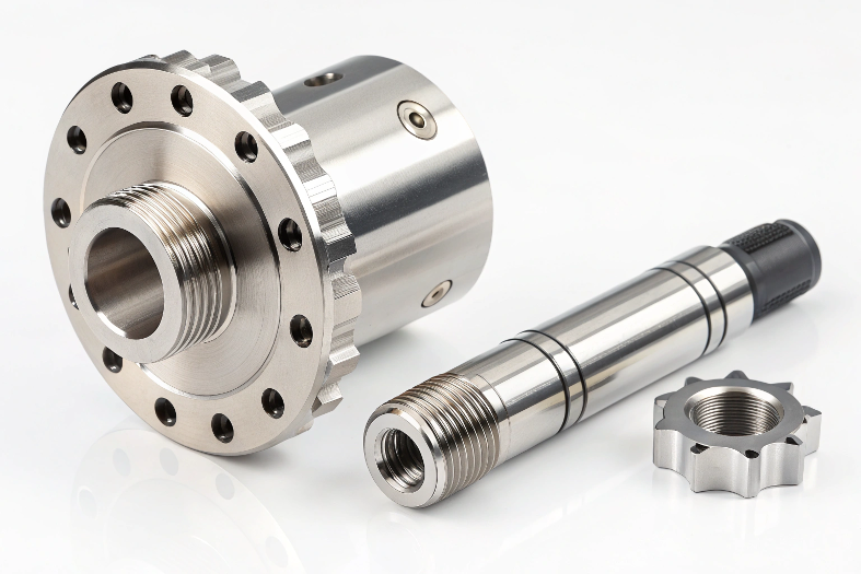 High-precision machined components, including a threaded shaft and adapter