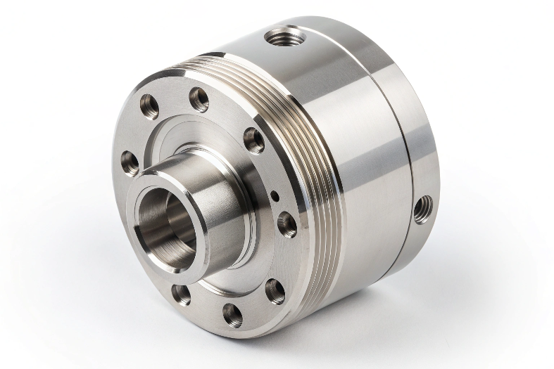 CNC machined cylindrical housing with precision threads and bolt holes