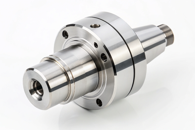 CNC machined rotating spindle with precision detailing and multiple interfaces