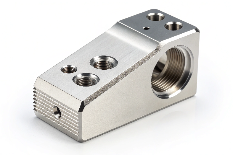Right-angle machined block with threaded ports for mechanical assembly
