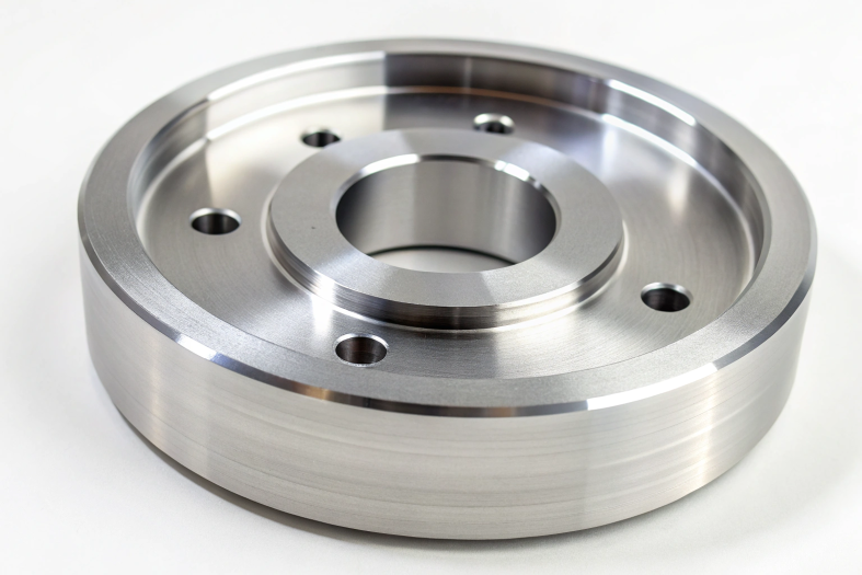Close-up of a CNC machined disk with precision detailing