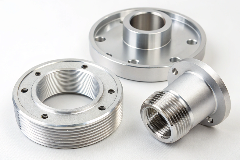 Threaded flanges and connectors, showcasing precision CNC work