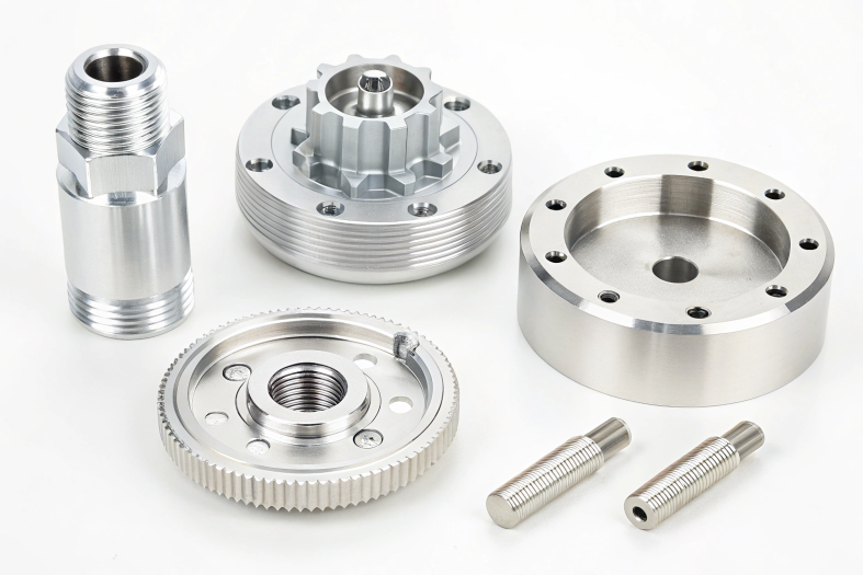 CNC precision parts, including gears, flanges, and shafts