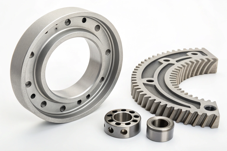CNC machined curved gear and bearing components, showcasing precision