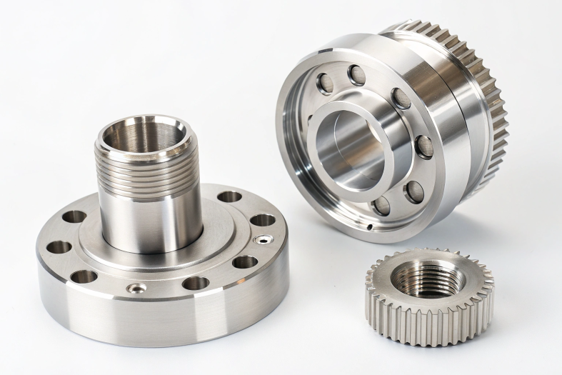 Flanged and threaded CNC components with gear integration
