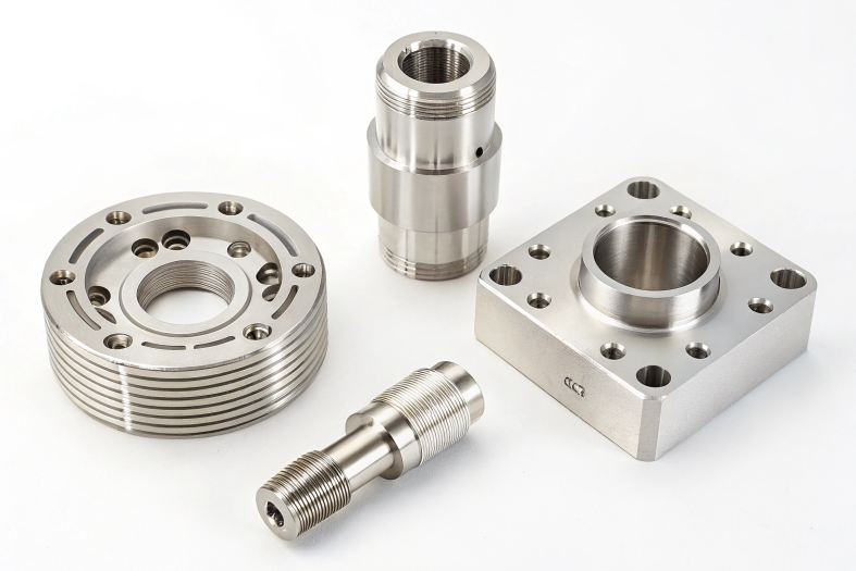 Precision CNC components including flanges and threaded parts