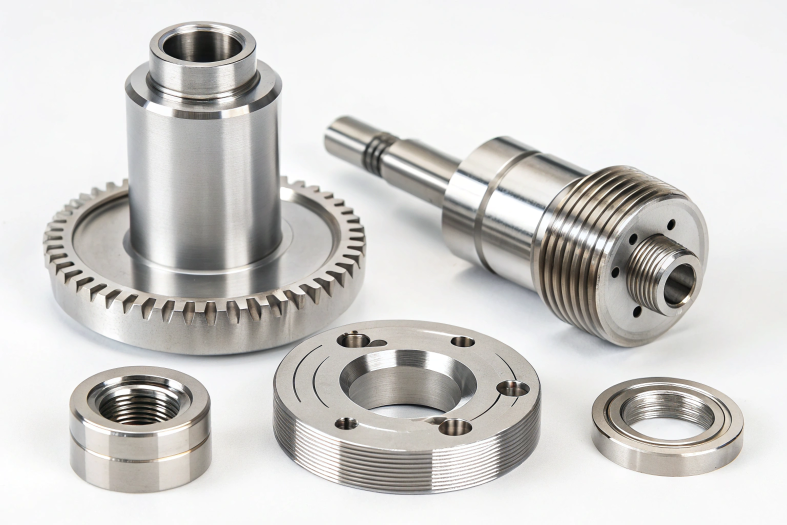 CNC machined gears and shafts, showcasing precision engineering