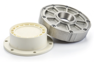 CNC-machined metal and plastic components, featuring dual-material construction