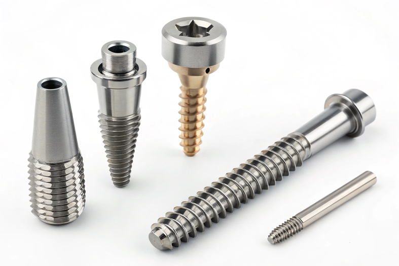 Precision machined screws and fasteners, showcasing metal finishes