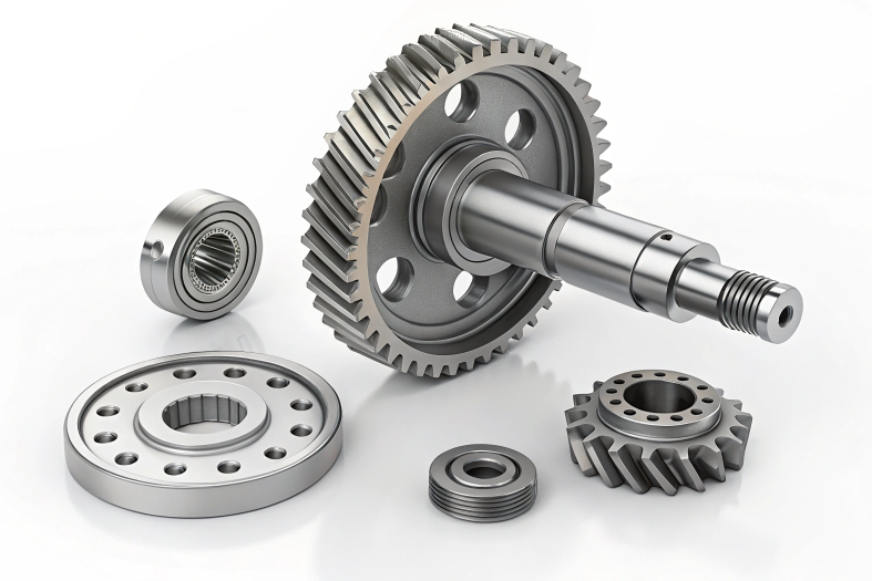 CNC machined gears and components, highlighting fine detailing