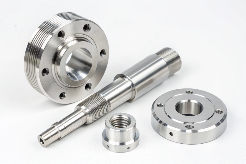 Custom machined shafts and flanges, with threaded and smooth finishes