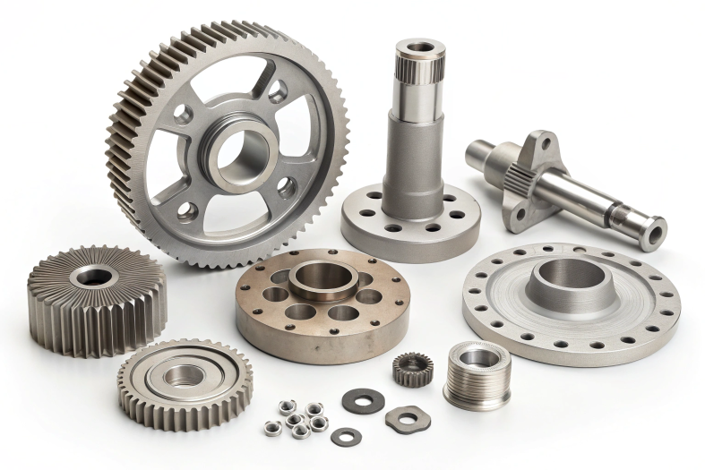 Complete set of CNC machined parts featuring gears, flanges, and shafts