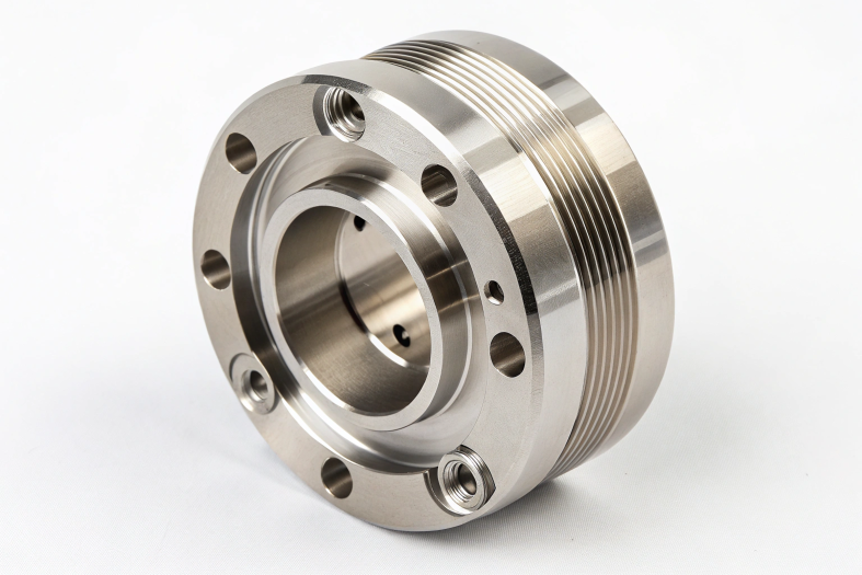 CNC machined stainless steel flange with polished threading and multiple screw holes