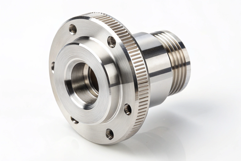Machined steel gear flange with textured edges and polished threading
