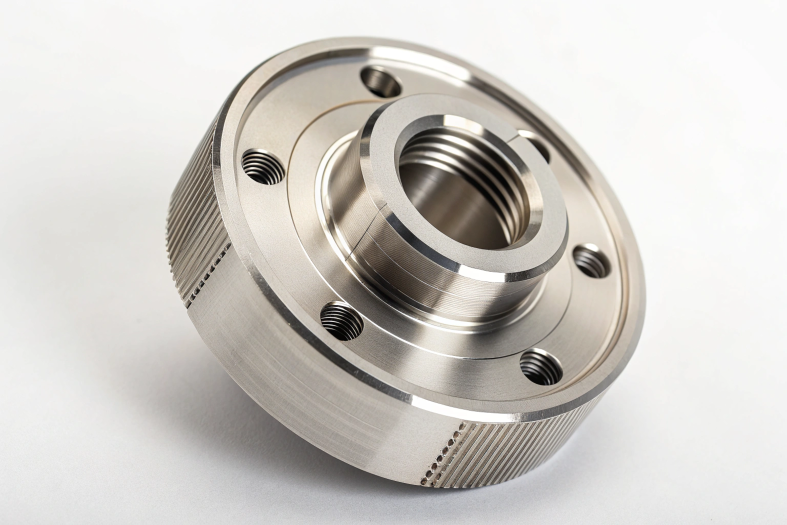 Precision machined flange with polished grooves and threaded center