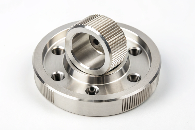 Stainless steel flange with a textured edge and precise screw holes