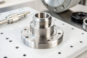 Precision CNC machined part, showcasing a stainless steel flange component.