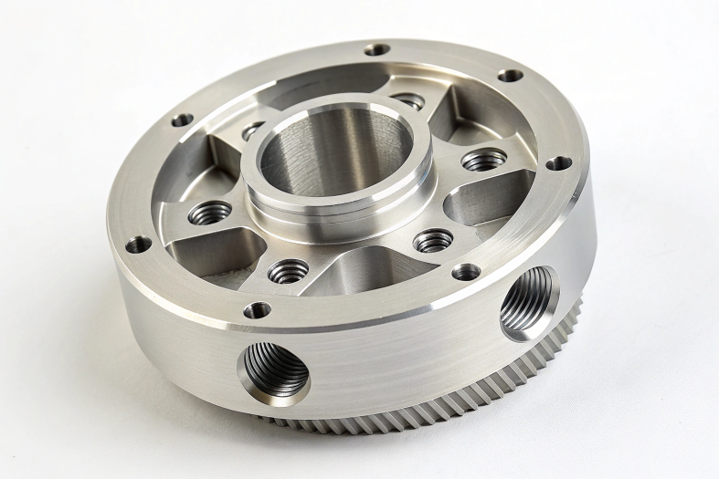 CNC machined steel flange with multiple threaded holes and precision design