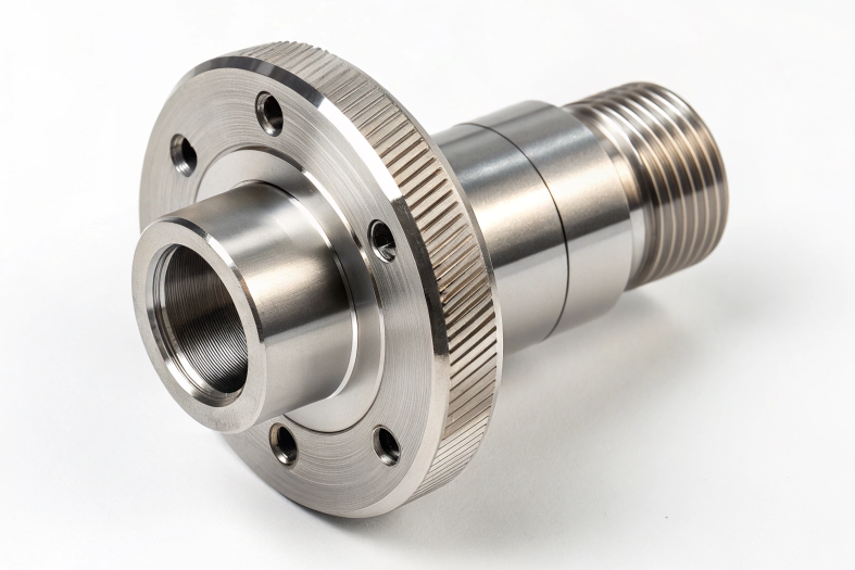 Stainless steel flange with detailed grooves and multiple screw holes