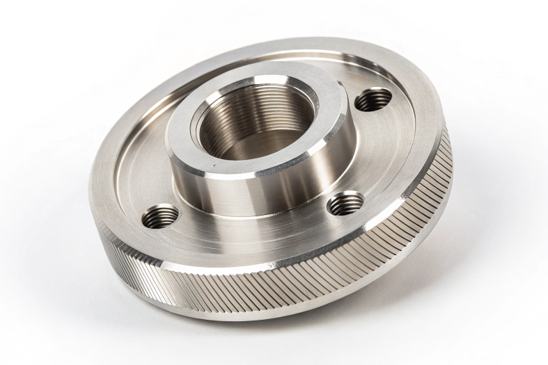 Custom stainless steel flange with textured edges and threaded core