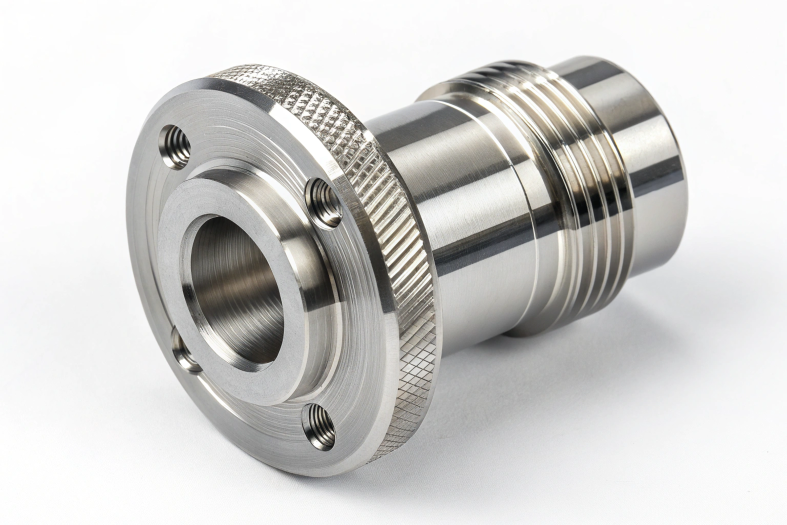 Precision-machined stainless steel flange with knurled edges and threading