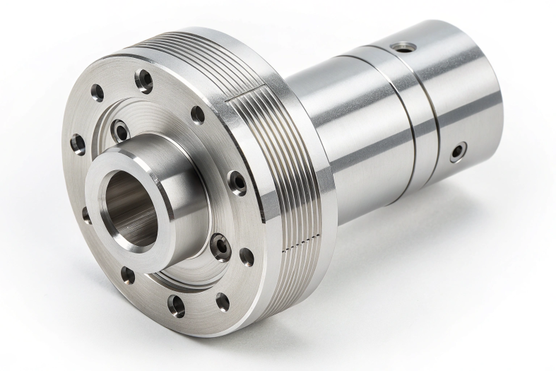 Precision machined steel flange assembly with threading and grooves