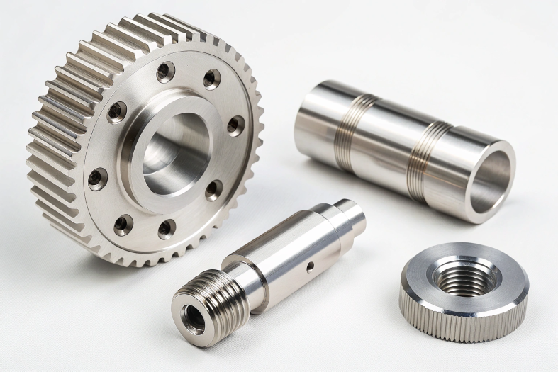 Precision machined components including gears, shafts, and fittings