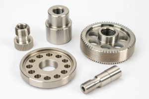 Set of CNC machined components, including gears, flanges, and adapters
