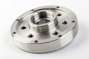 Flat circular CNC component, featuring intricate threading and bolt patterns