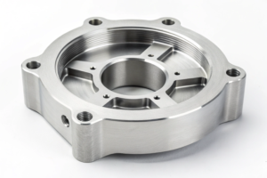 Precision-machined bracket component, designed with symmetrical threading and openings