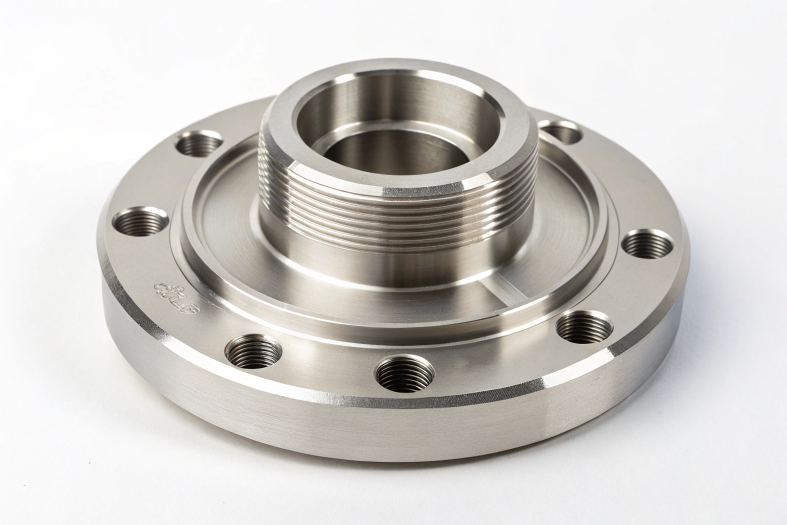 Stainless steel flange with precision threading and multiple bolt holes