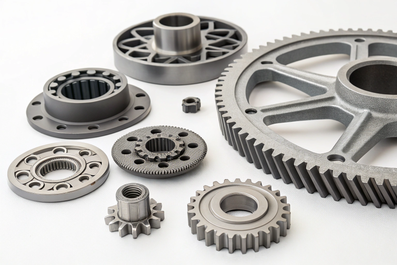 Set of CNC-machined gears and components, showcasing industrial-grade precision