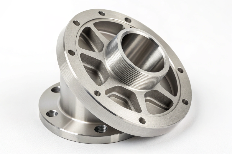 CNC machined flange with radiating spokes and threaded central hole