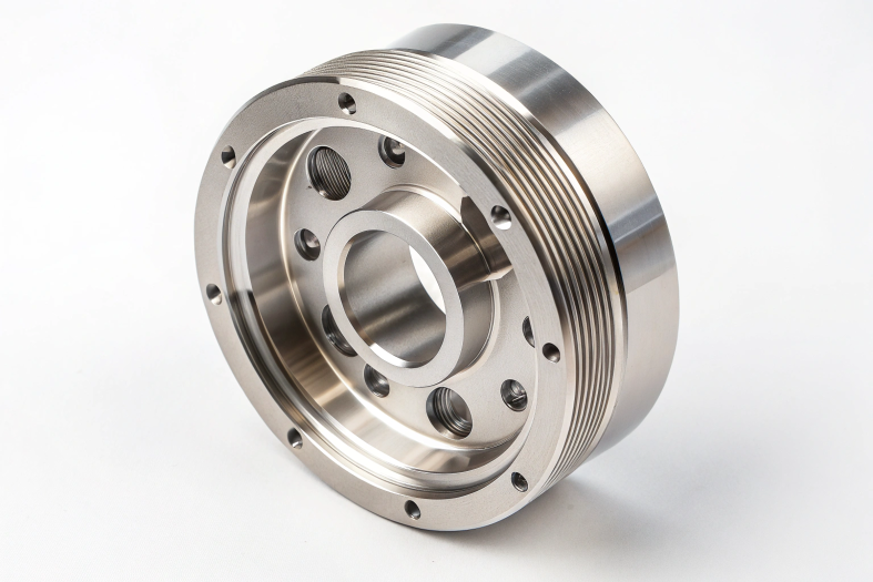 CNC machined cylindrical part with precise threading and detailed grooves