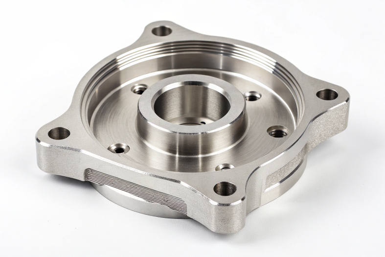 CNC-machined mounting bracket with threaded center and bolt holes