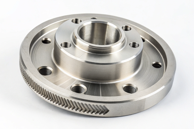 Precision-engineered CNC flange with intricate grooved edge design