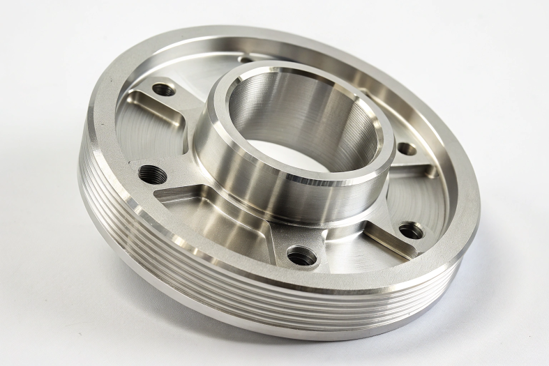 Circular CNC-machined flange housing with detailed threading and bolt connections
