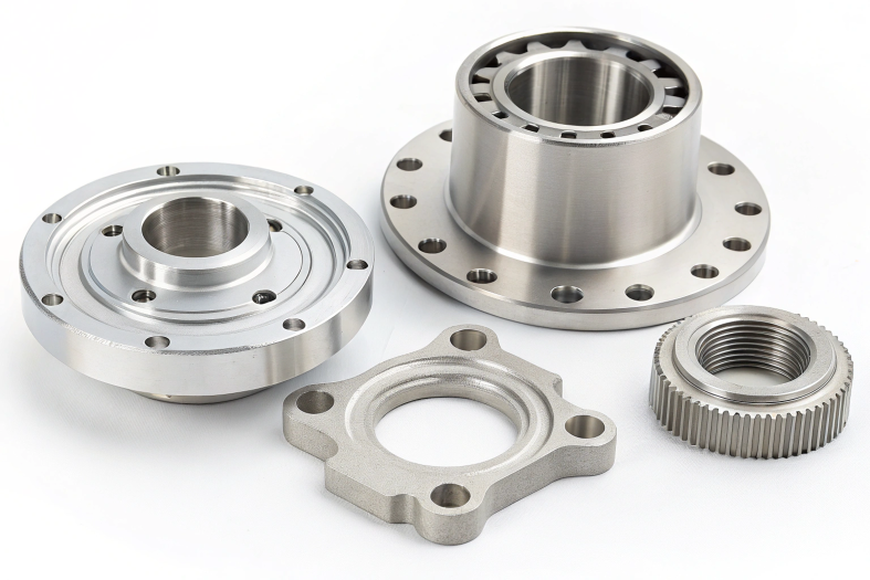 Set of CNC-machined components, including precision flanges and threaded fittings