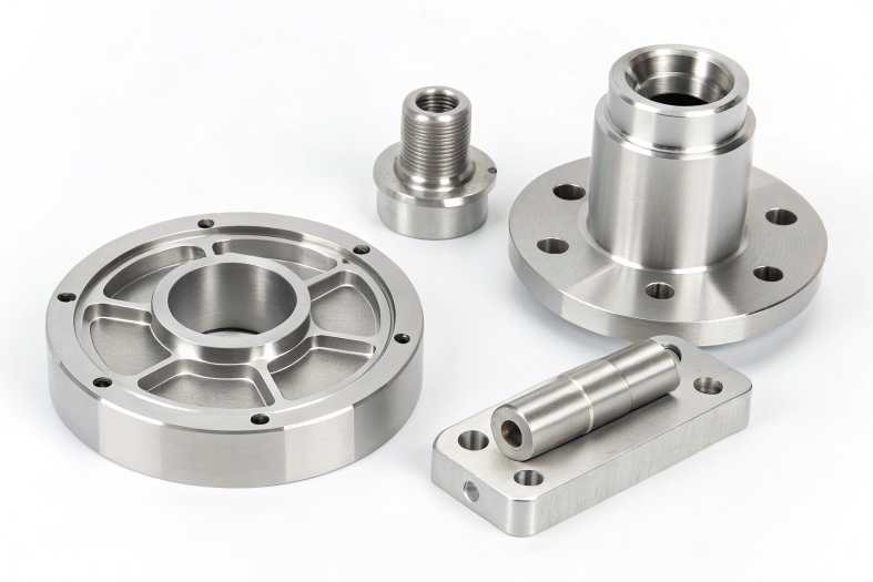 CNC-machined industrial parts set, featuring flanges, shafts, and brackets