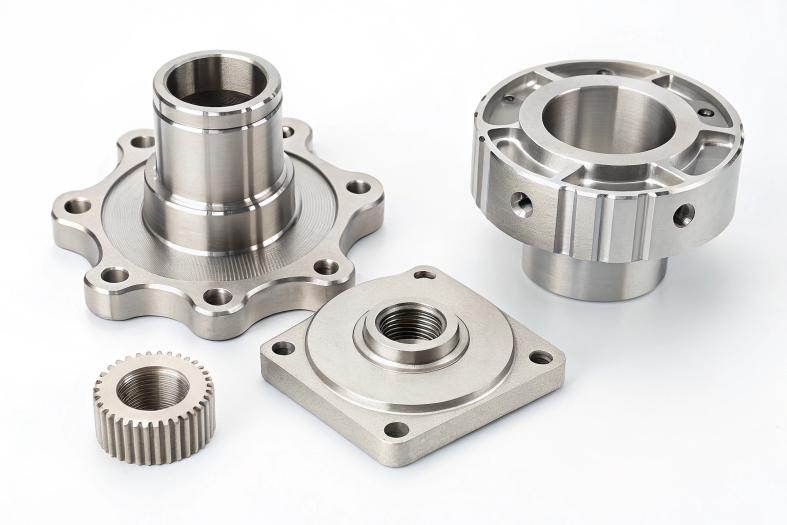 High-precision CNC components, including threaded flanges and mounting brackets