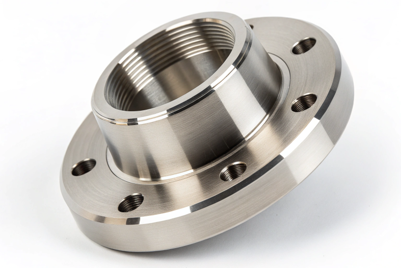 Threaded stainless steel flange with polished surface finish