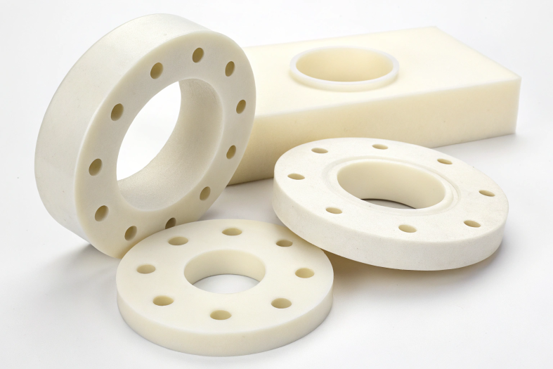 White nylon CNC machined flanges and blocks for industrial use