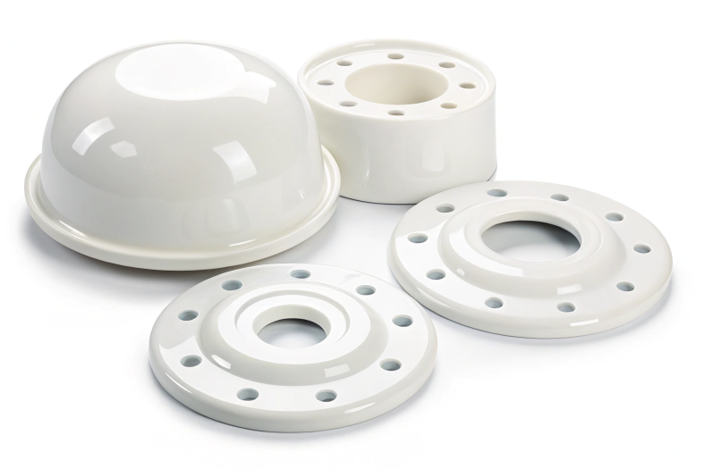 Glossy nylon dome and flange components for specialized applications