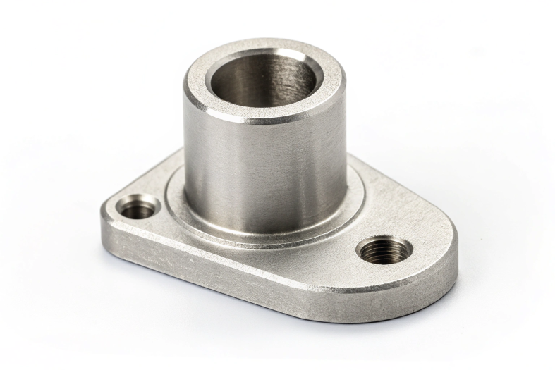 Stainless steel bracket with cylindrical design and threaded holes