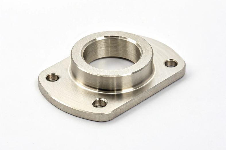Polished stainless steel mounting flange with bolt holes