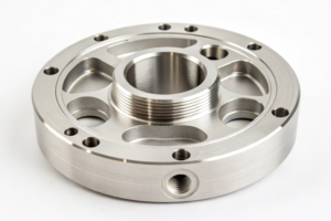 Circular flange part with precision threading and hole alignment
