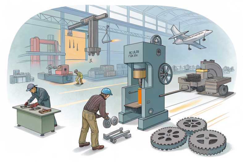 Industrial workshop illustration, depicting CNC machining and manufacturing processes